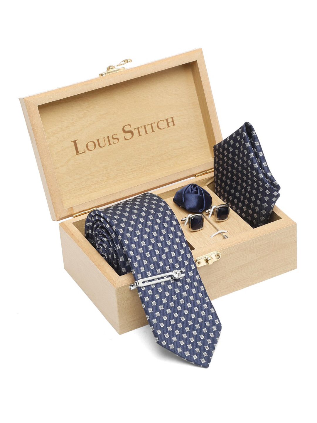 

LOUIS STITCH Men Geometric Printed Italian Silk Necktie Accessory Gift Set, Blue