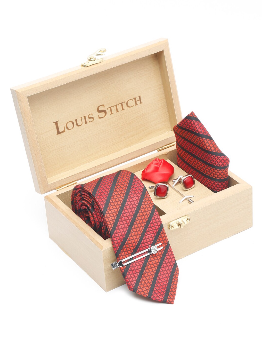 

LOUIS STITCH Men Printed Italian Silk Necktie Accessory Gift Set, Red