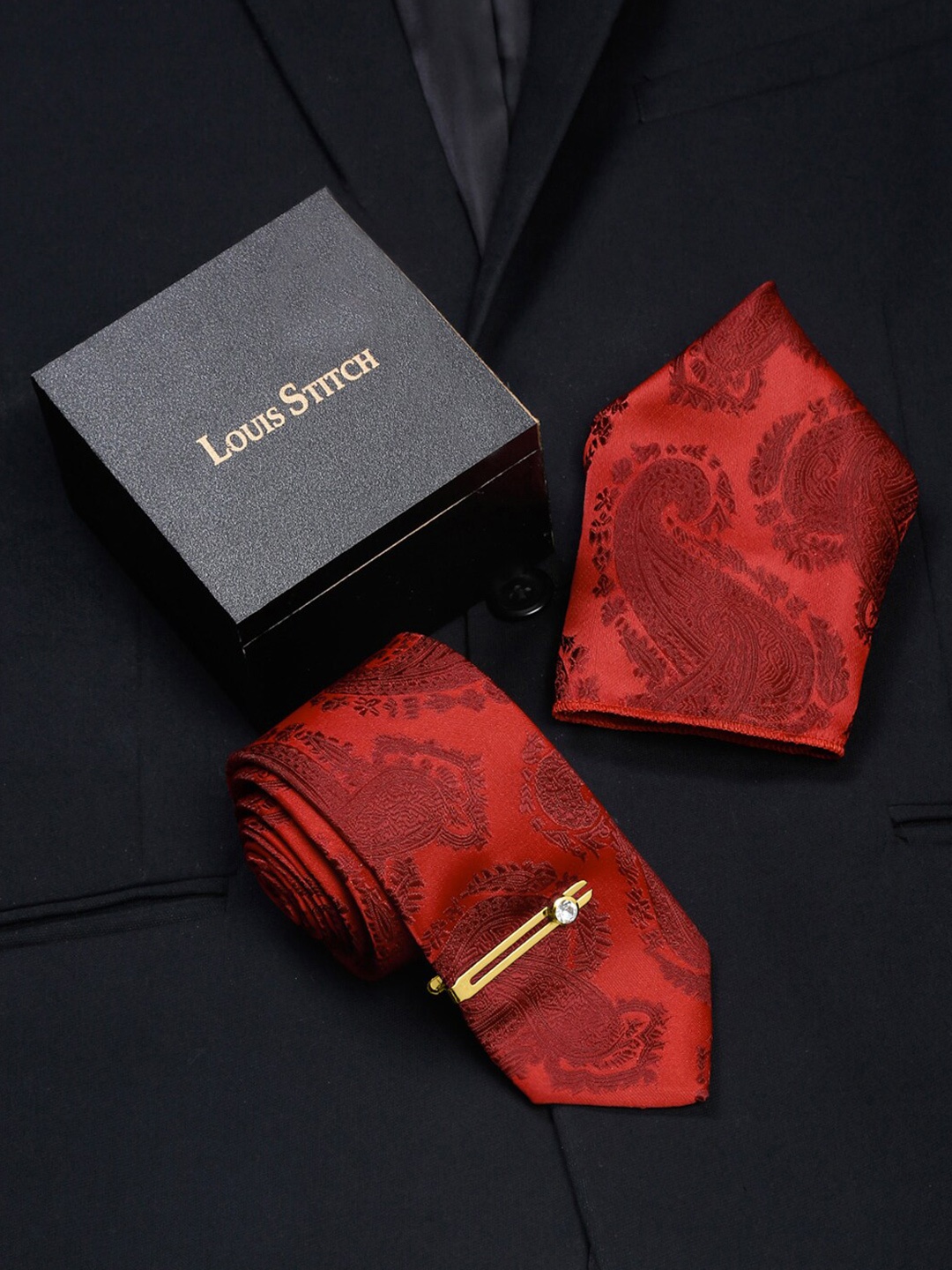 

LOUIS STITCH Men Printed Italian Silk Necktie Accessory Gift Set, Red