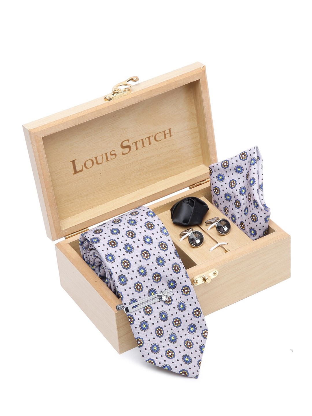 

LOUIS STITCH Men Printed Italian Silk Necktie Accessory Gift Set, Grey