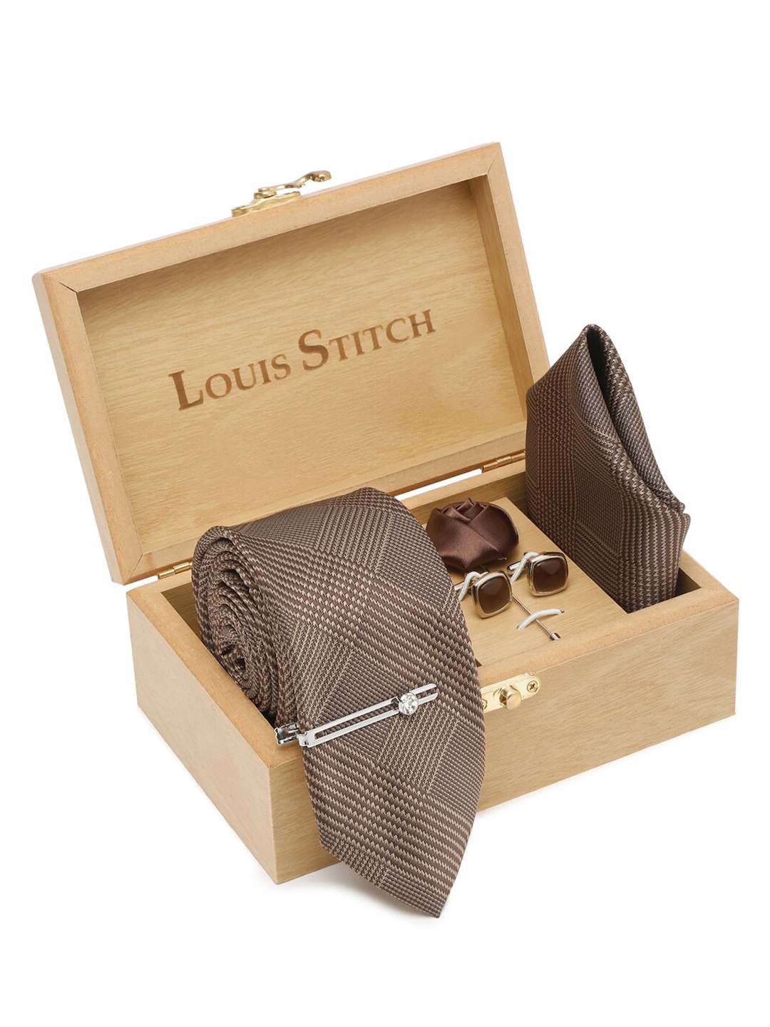 

LOUIS STITCH Men Printed Silk Necktie Accessory Gift Set, Brown