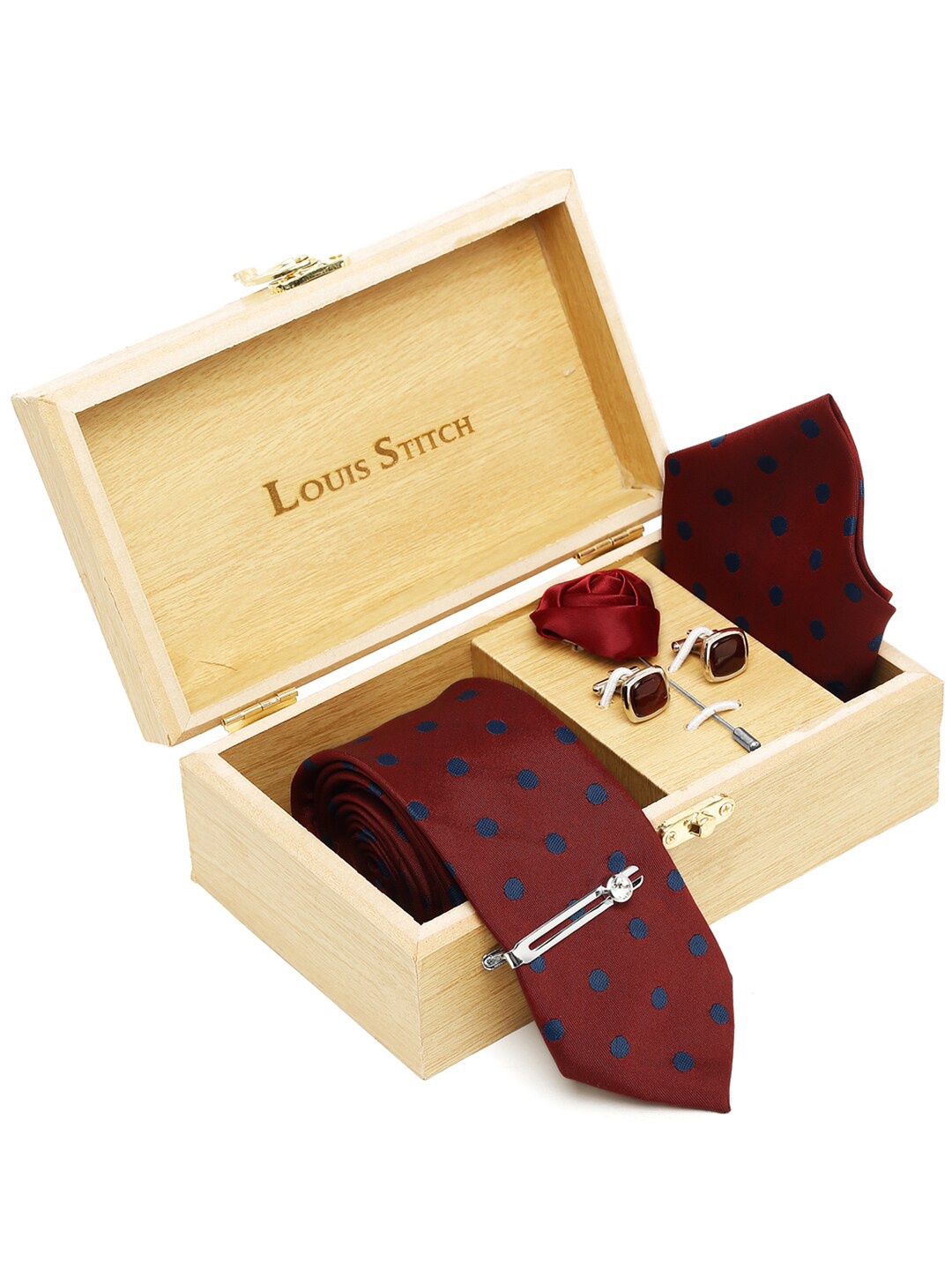 

LOUIS STITCH Printed Italian Silk Necktie Accessory Gift Set, Red