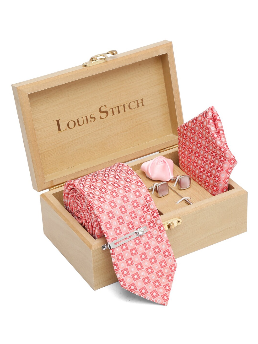 

LOUIS STITCH Printed Italian Silk Necktie Accessory Gift Set, Peach