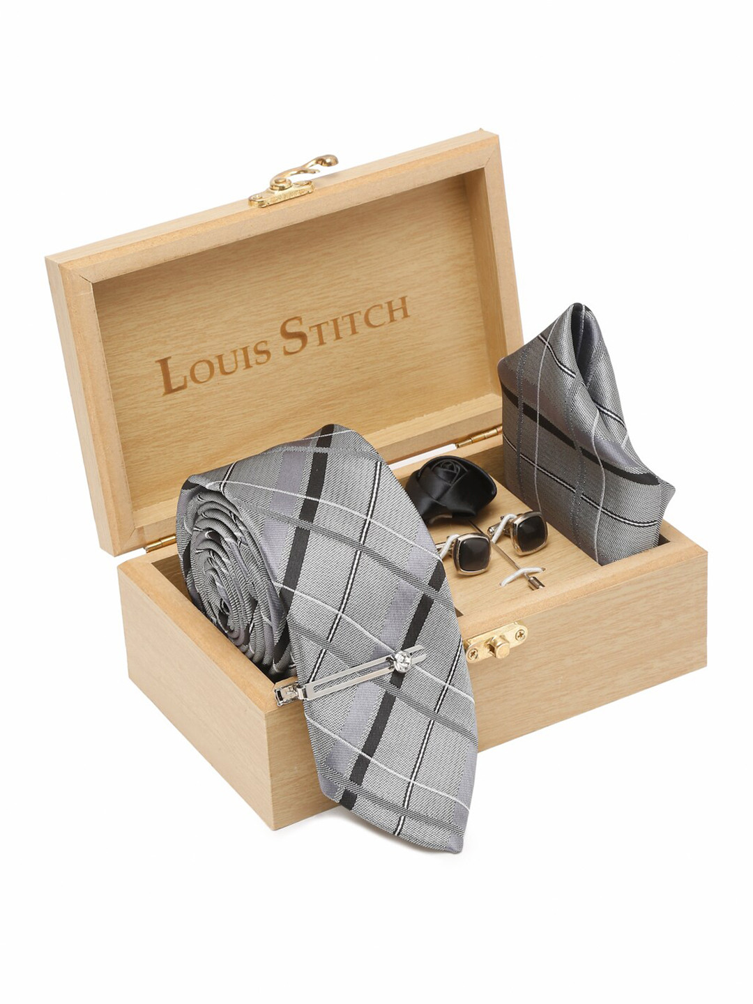 

LOUIS STITCH Men Printed Silk Necktie Accessory Gift Set, Grey