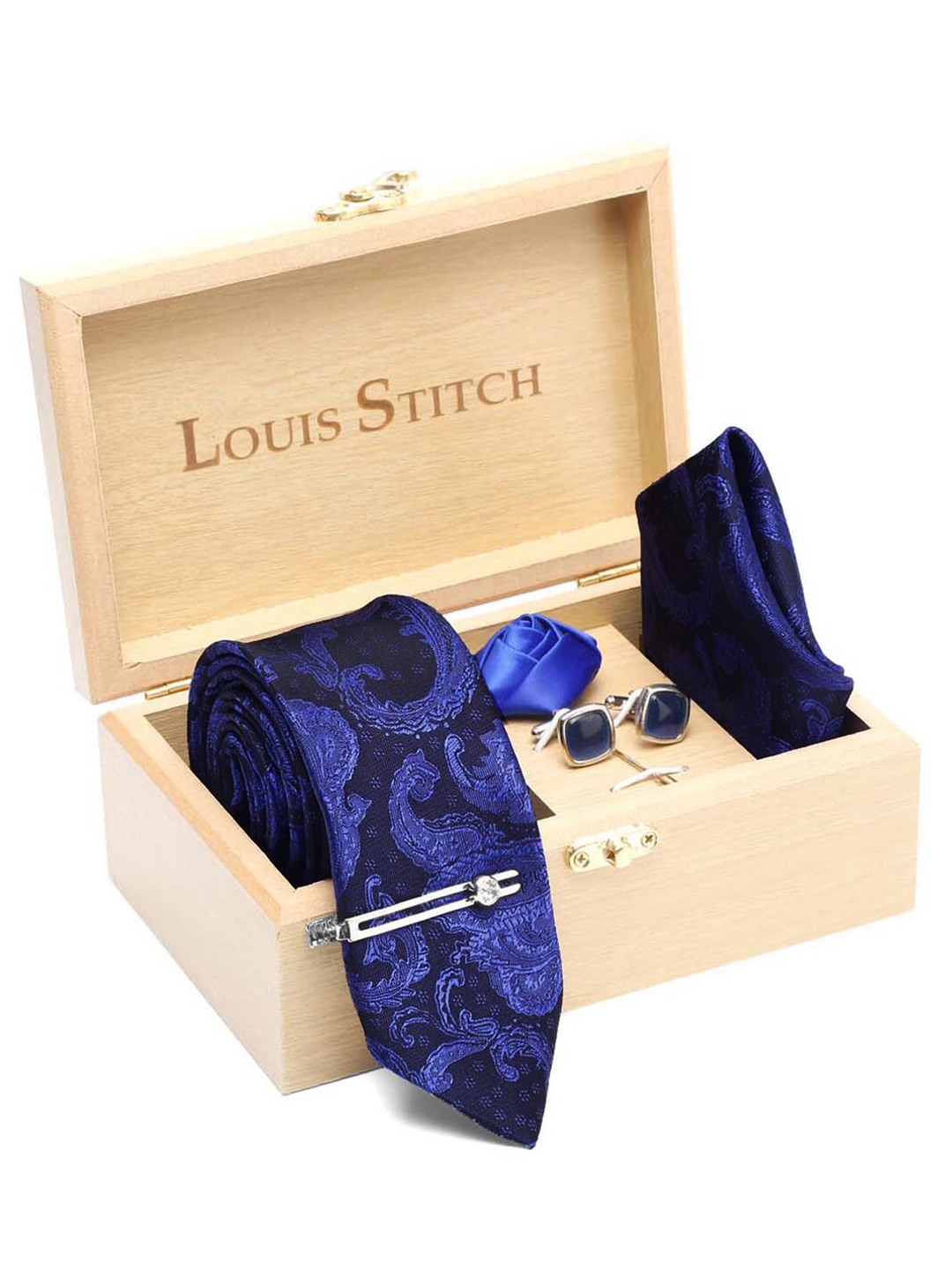 

LOUIS STITCH Men Woven Design Silk Necktie Accessory Gift Set, Blue