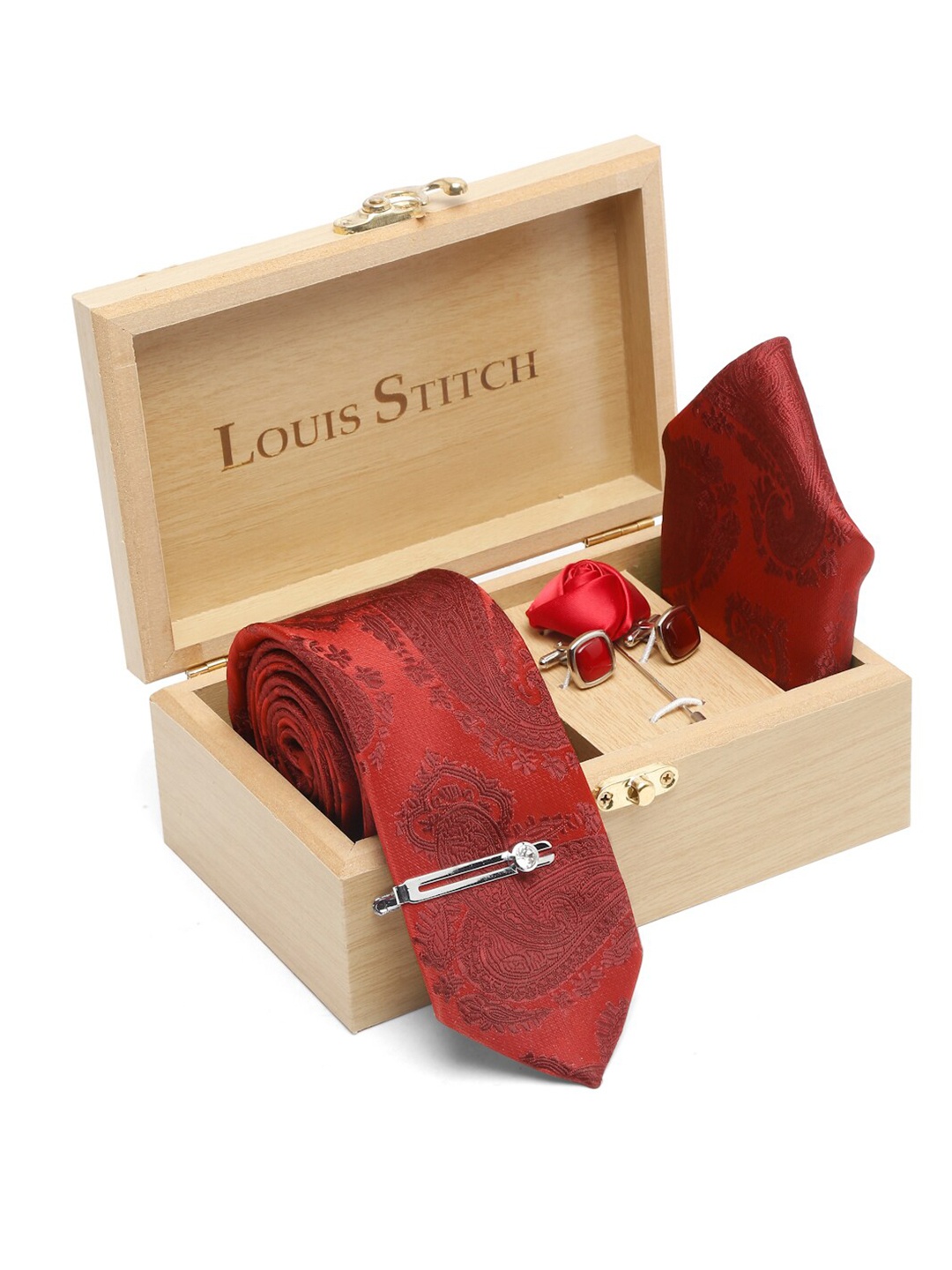 

LOUIS STITCH Men Printed Italian Silk Necktie Accessory Gift Set, Red