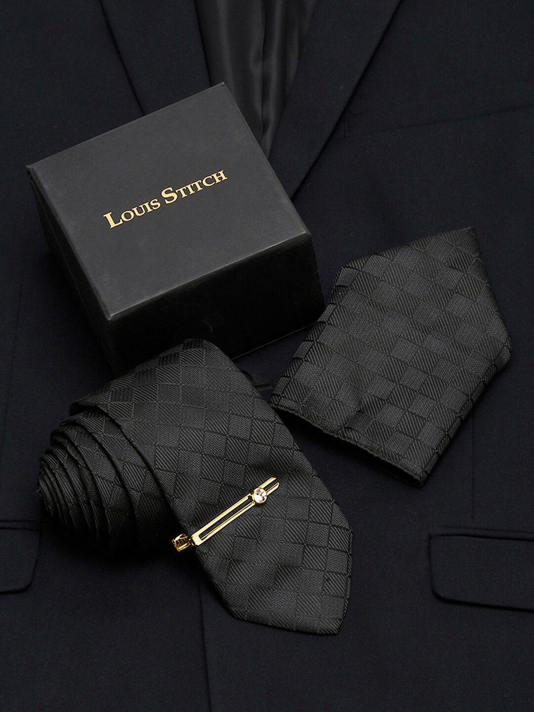 

LOUIS STITCH Woven Design Italian Silk Necktie Accessory Gift Set, Black