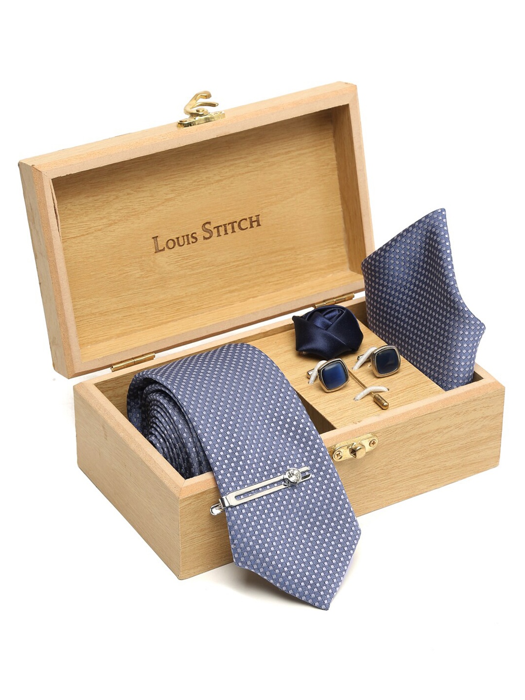 

LOUIS STITCH Men Printed Italian Silk Necktie Accessory Gift Set, Blue