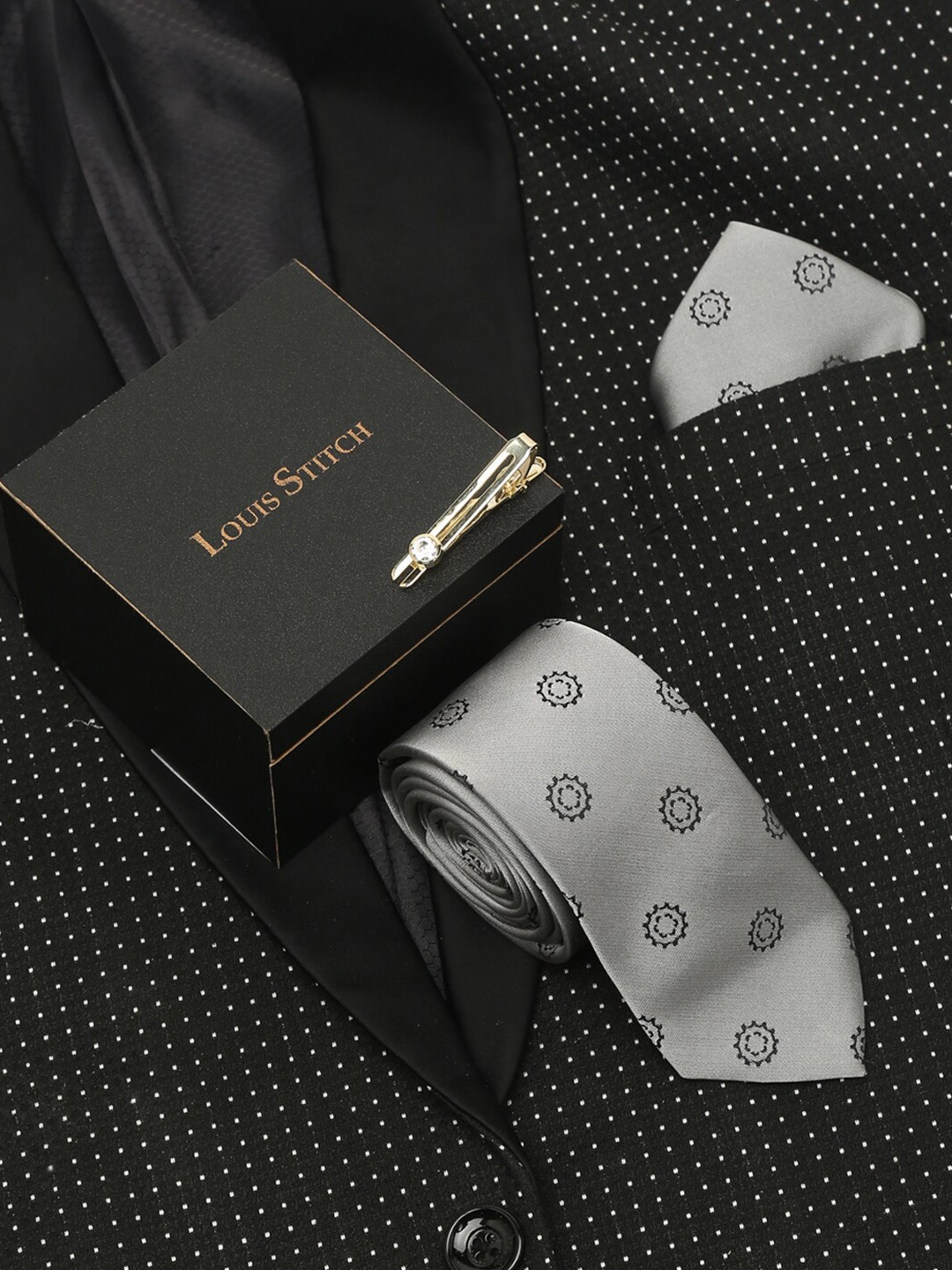 

LOUIS STITCH Men Printed Silk Necktie Accessory Gift Set, Grey