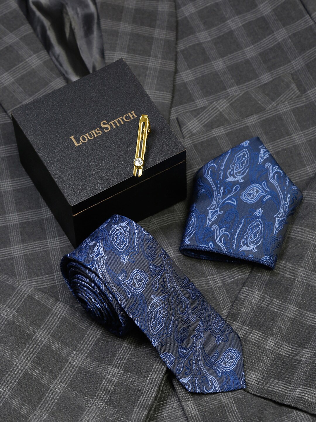 

LOUIS STITCH Men Printed Silk Necktie Accessory Gift Set, Blue