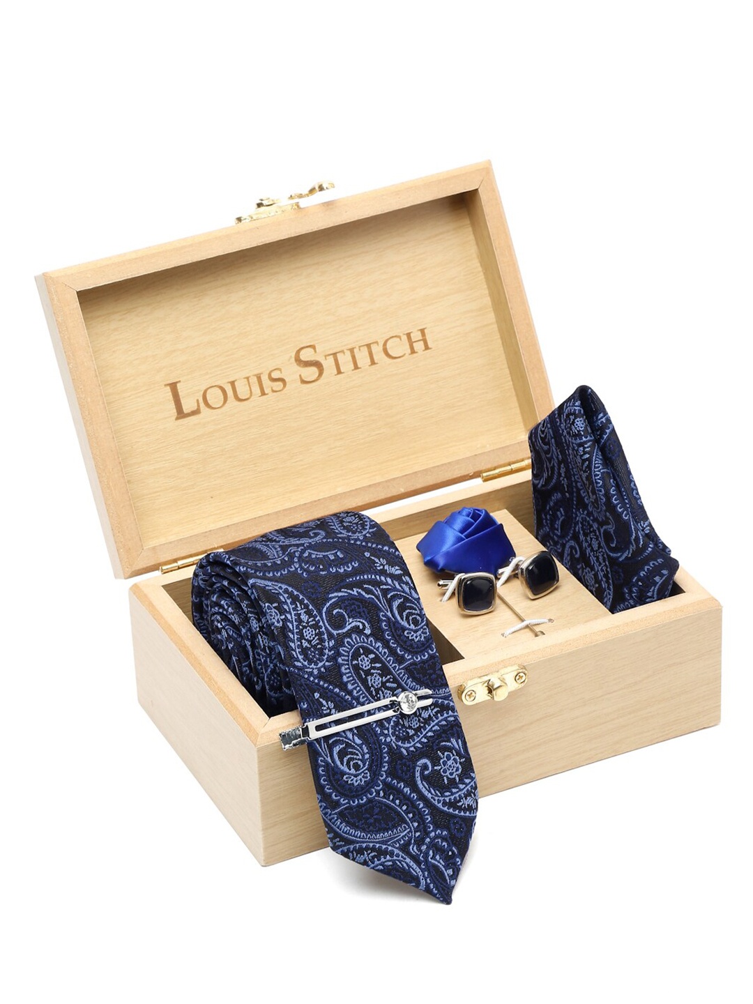 

LOUIS STITCH Printed Italian Silk Necktie Accessory Gift Set, Blue