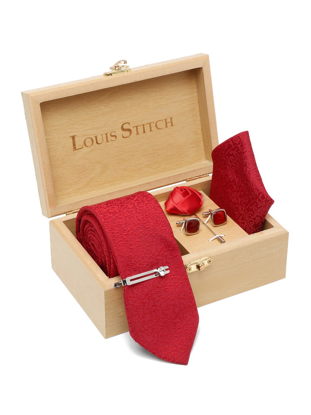 

LOUIS STITCH Woven Design Italian Silk Necktie Accessory Gift Set, Red