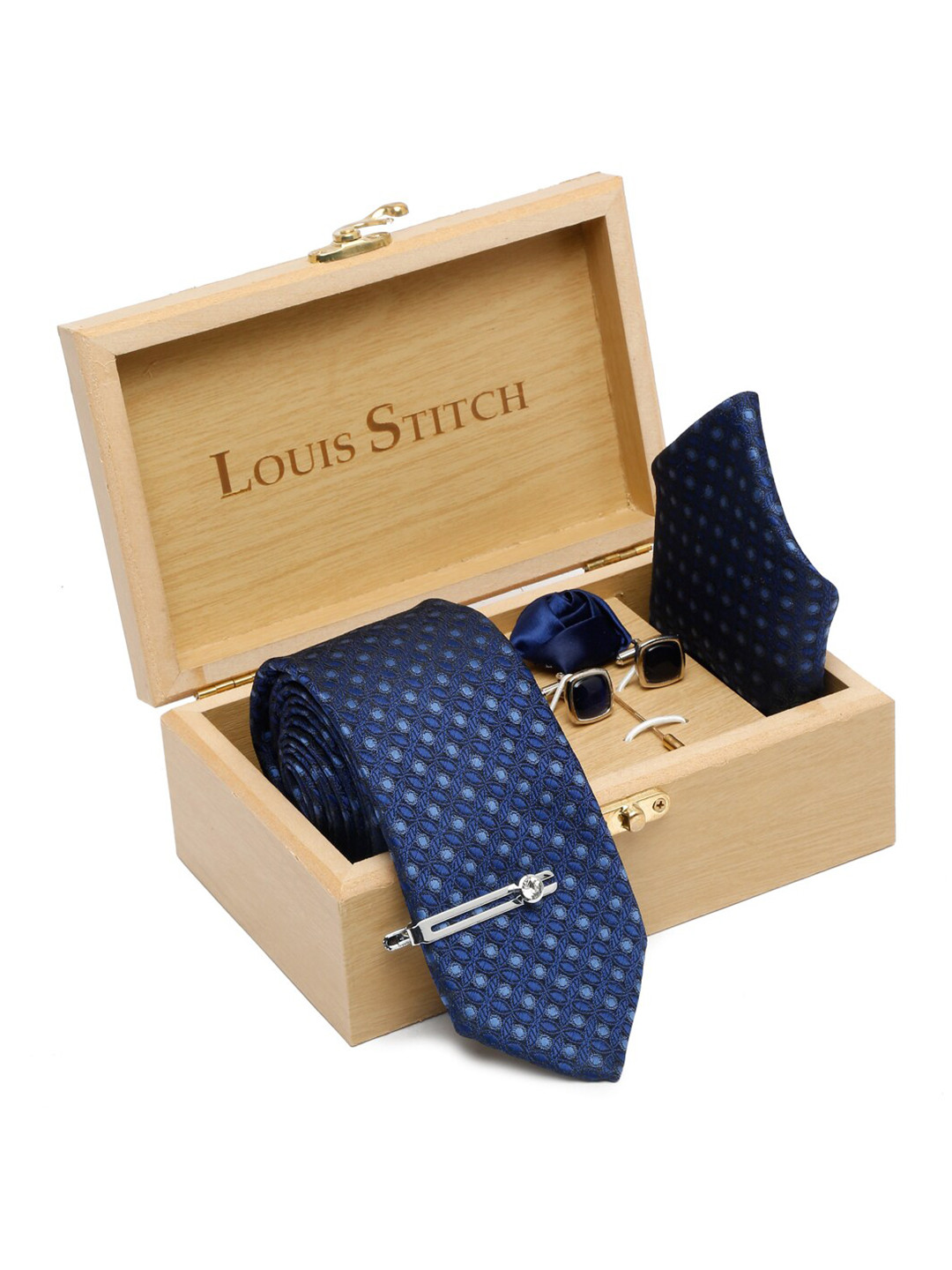 

LOUIS STITCH Men Printed Italian Silk Necktie Accessory Gift Set, Blue