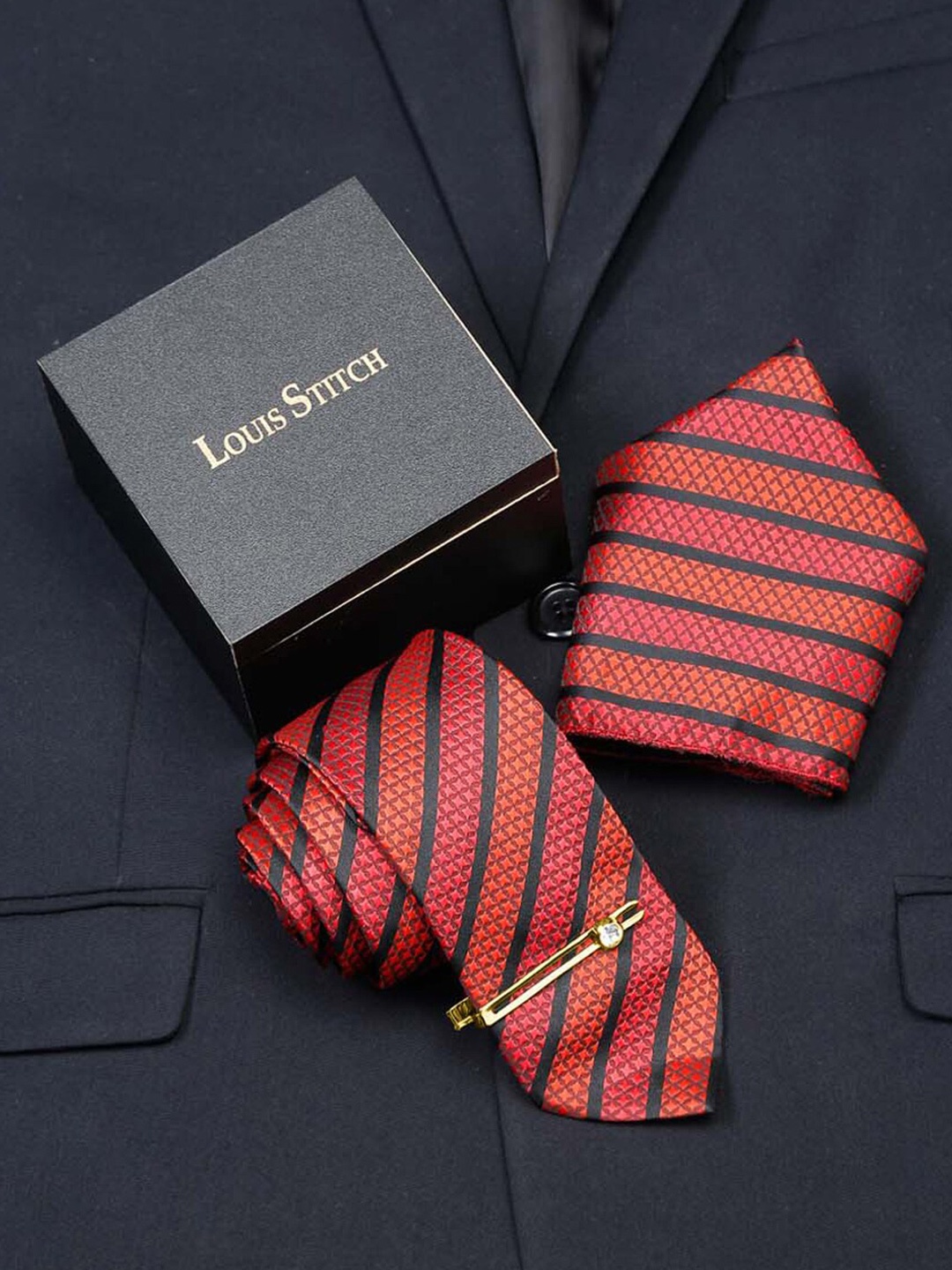 

LOUIS STITCH Men Silk Printed Necktie Accessory Gift Set, Red