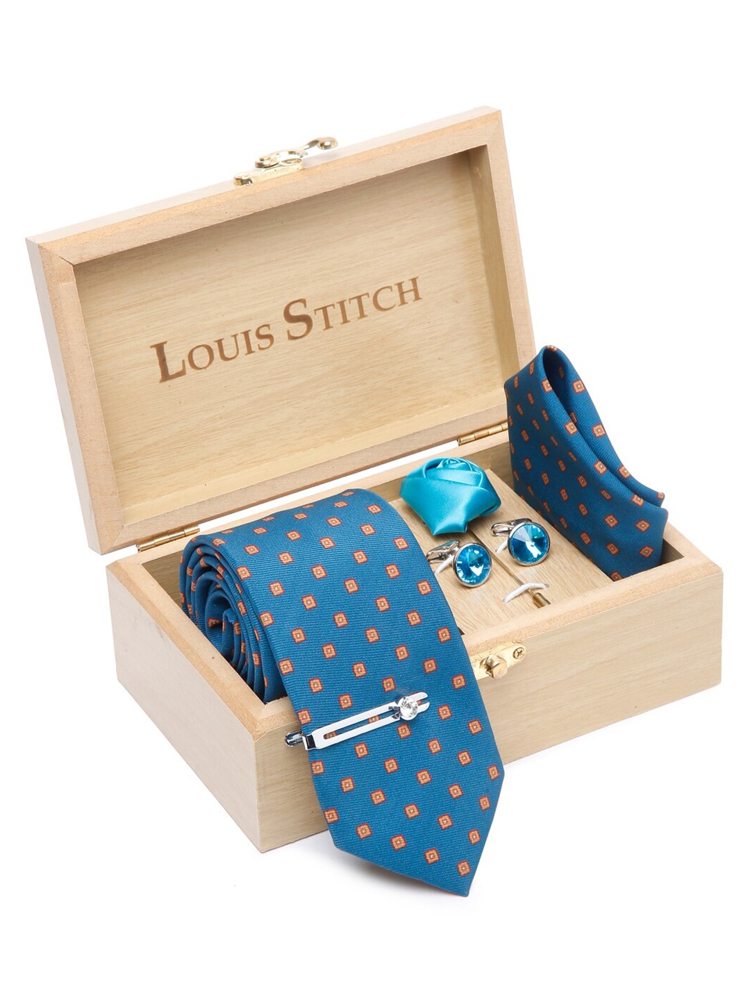 

LOUIS STITCH Men Printed Italian Silk Necktie Accessory Gift Set, Blue