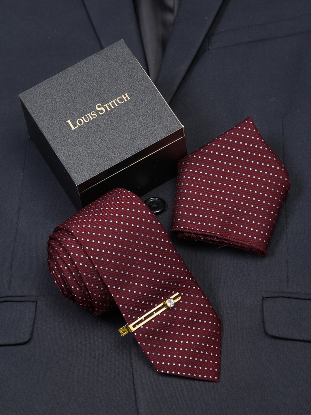 

LOUIS STITCH Men Silk Woven Design Necktie Accessory Gift Set, Red