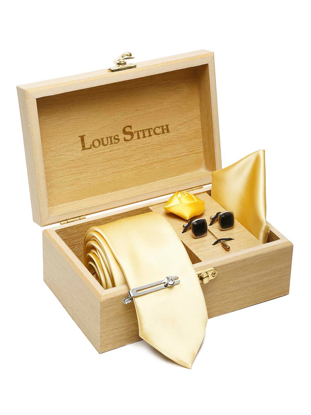 

LOUIS STITCH Men Printed Silk Necktie Accessory Gift Set, Yellow