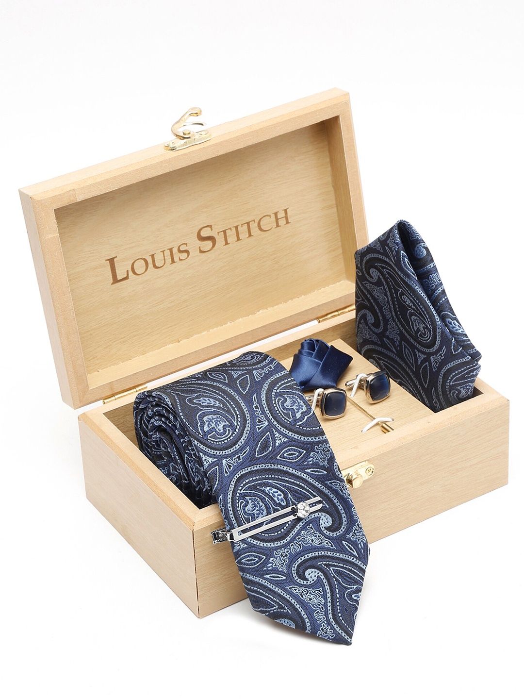 

LOUIS STITCH Men Printed Italian Silk Necktie Accessory Gift Set, Blue