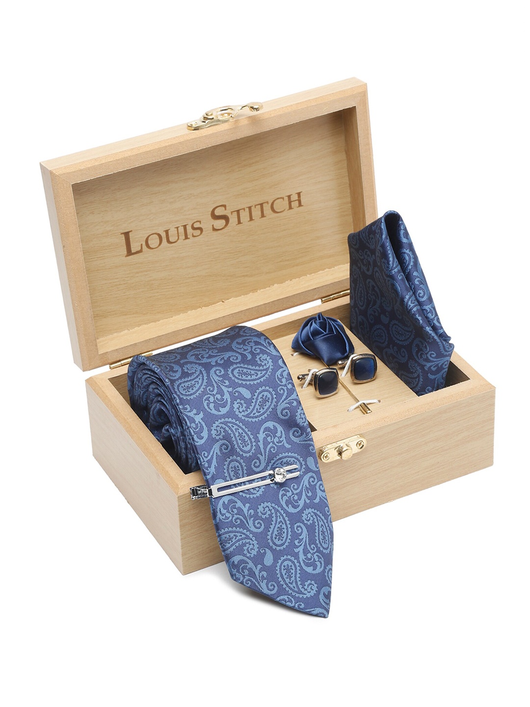 

LOUIS STITCH Men Woven Design Silk Necktie Accessory Gift Set, Blue