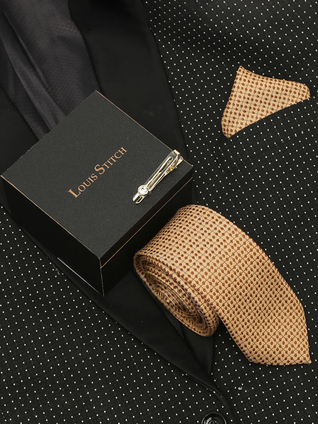 

LOUIS STITCH Men Silk Printed Necktie Accessory Gift Set, Cream