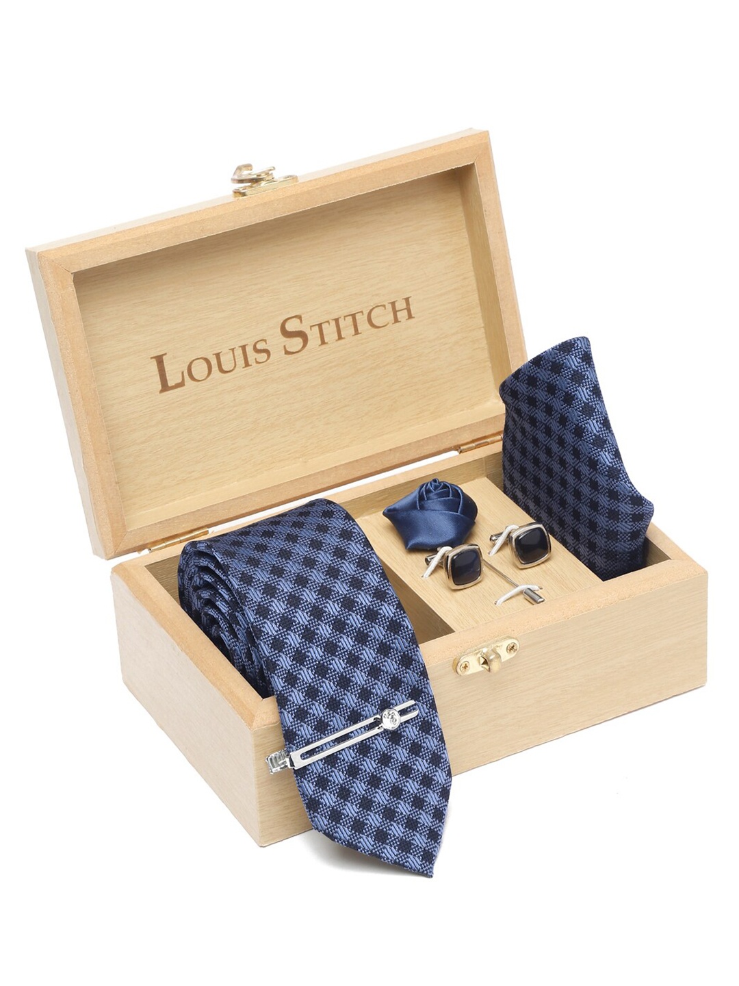 

LOUIS STITCH Men Printed Italian Silk Necktie Accessory Gift Set, Blue