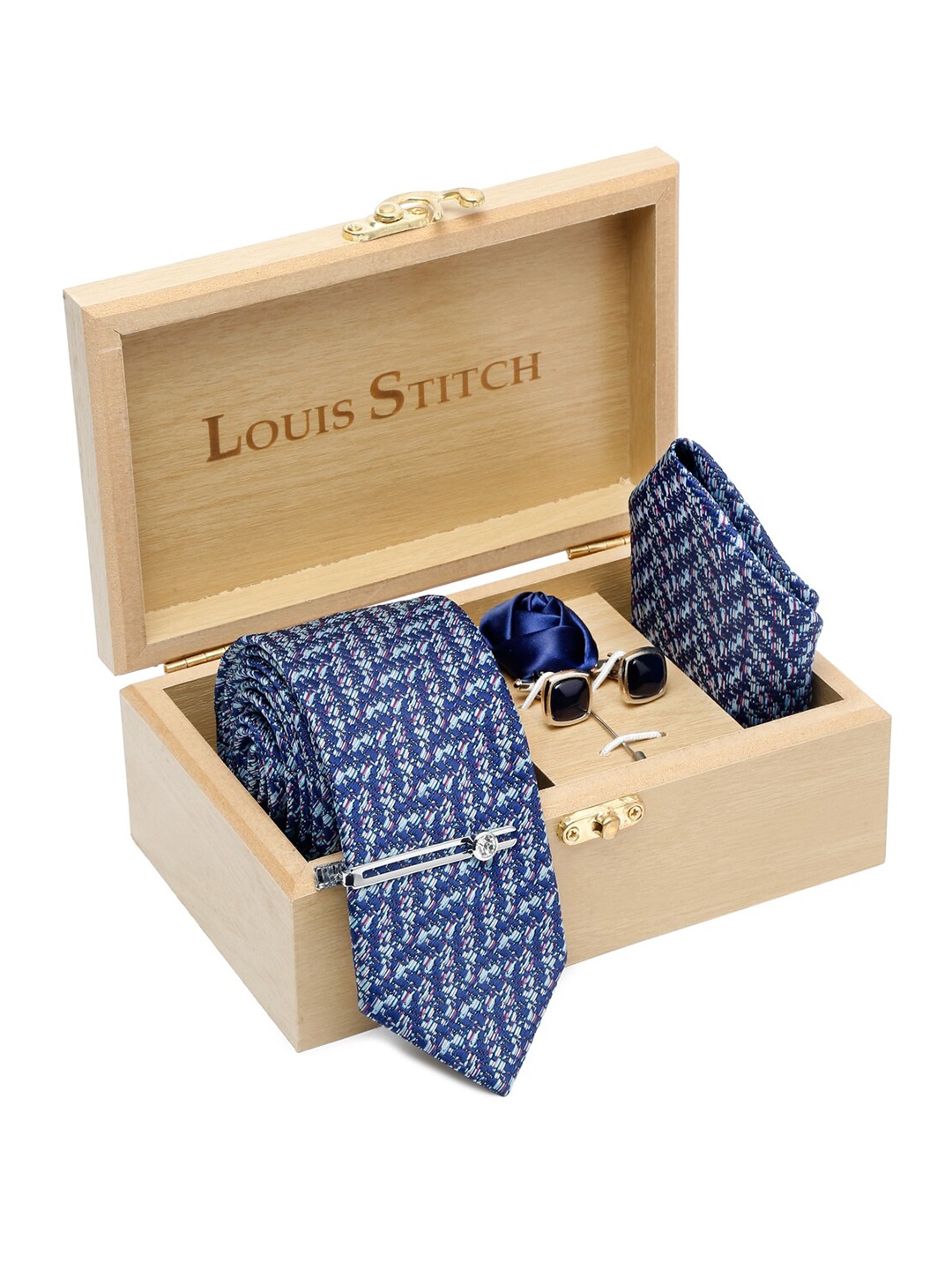

LOUIS STITCH Men's Royal Blue Italian Silk Necktie Accessory Gift Set, Navy blue