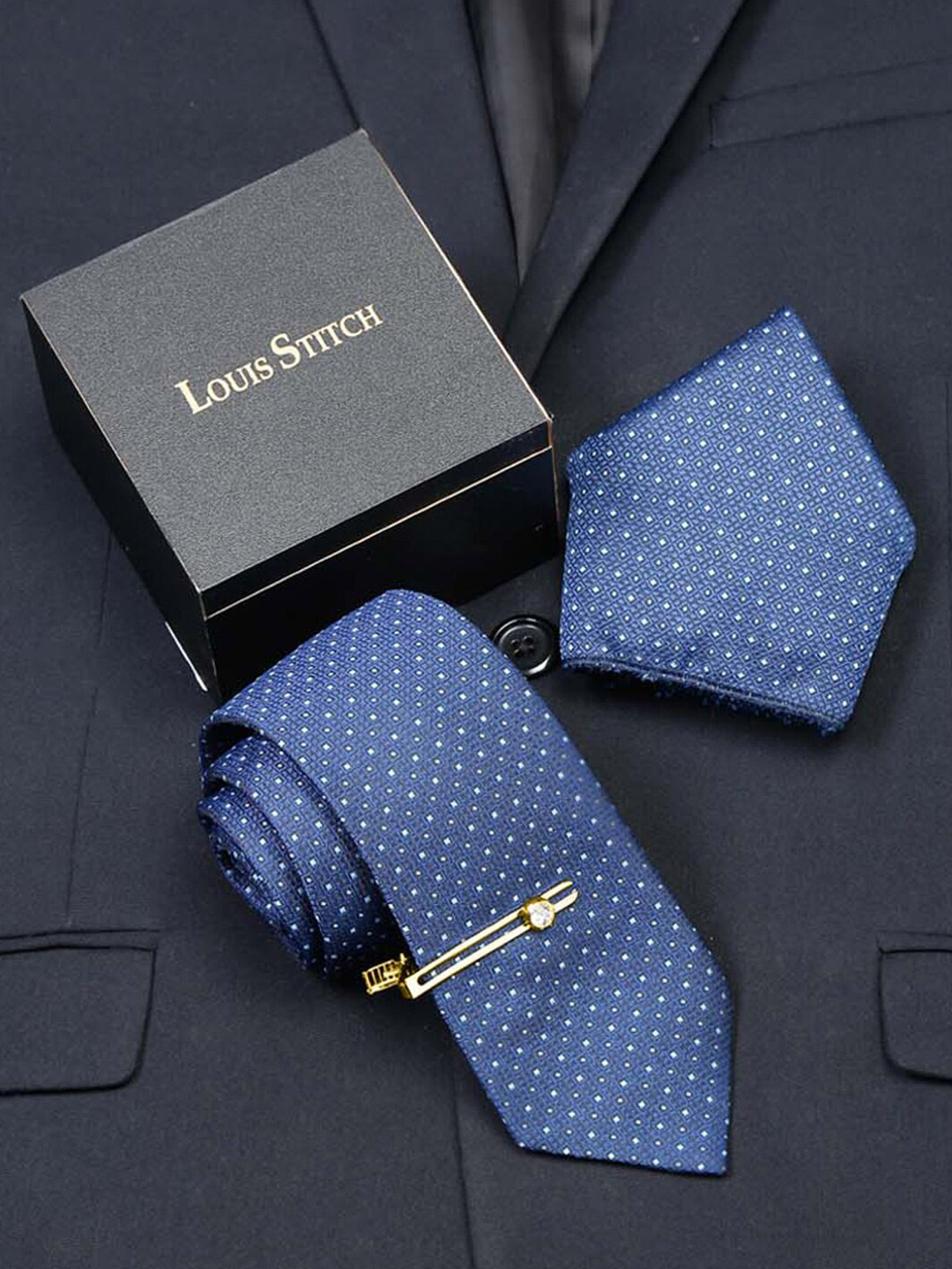 

LOUIS STITCH Men Printed Silk Necktie Accessory Gift Set, Blue