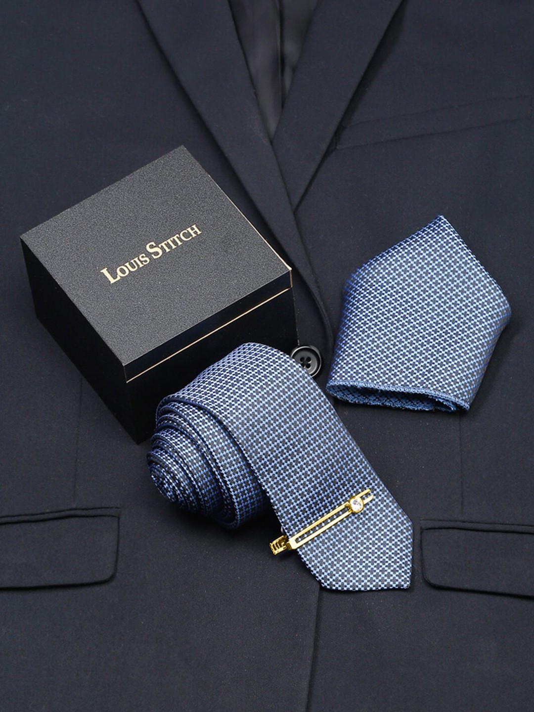

LOUIS STITCH Men Silk Printed Necktie Accessory Gift Set, Blue