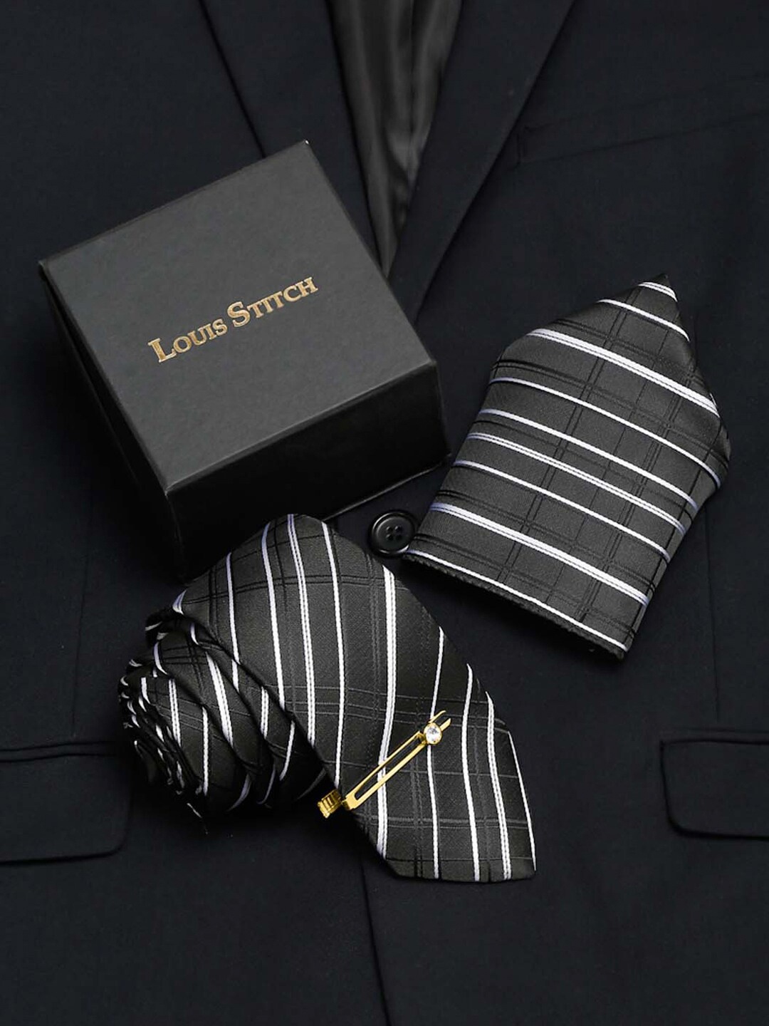 

LOUIS STITCH Checked Italian Silk Necktie Accessory Gift Set, Black