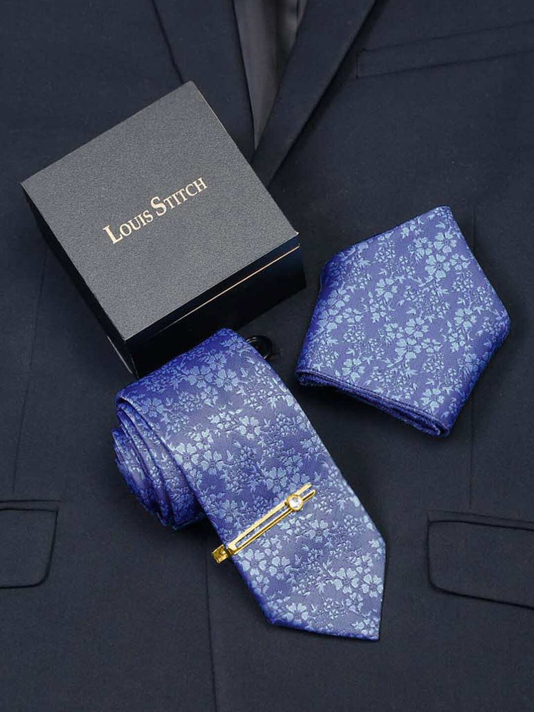 

LOUIS STITCH Printed Silk Necktie Accessory Gift Set, Blue