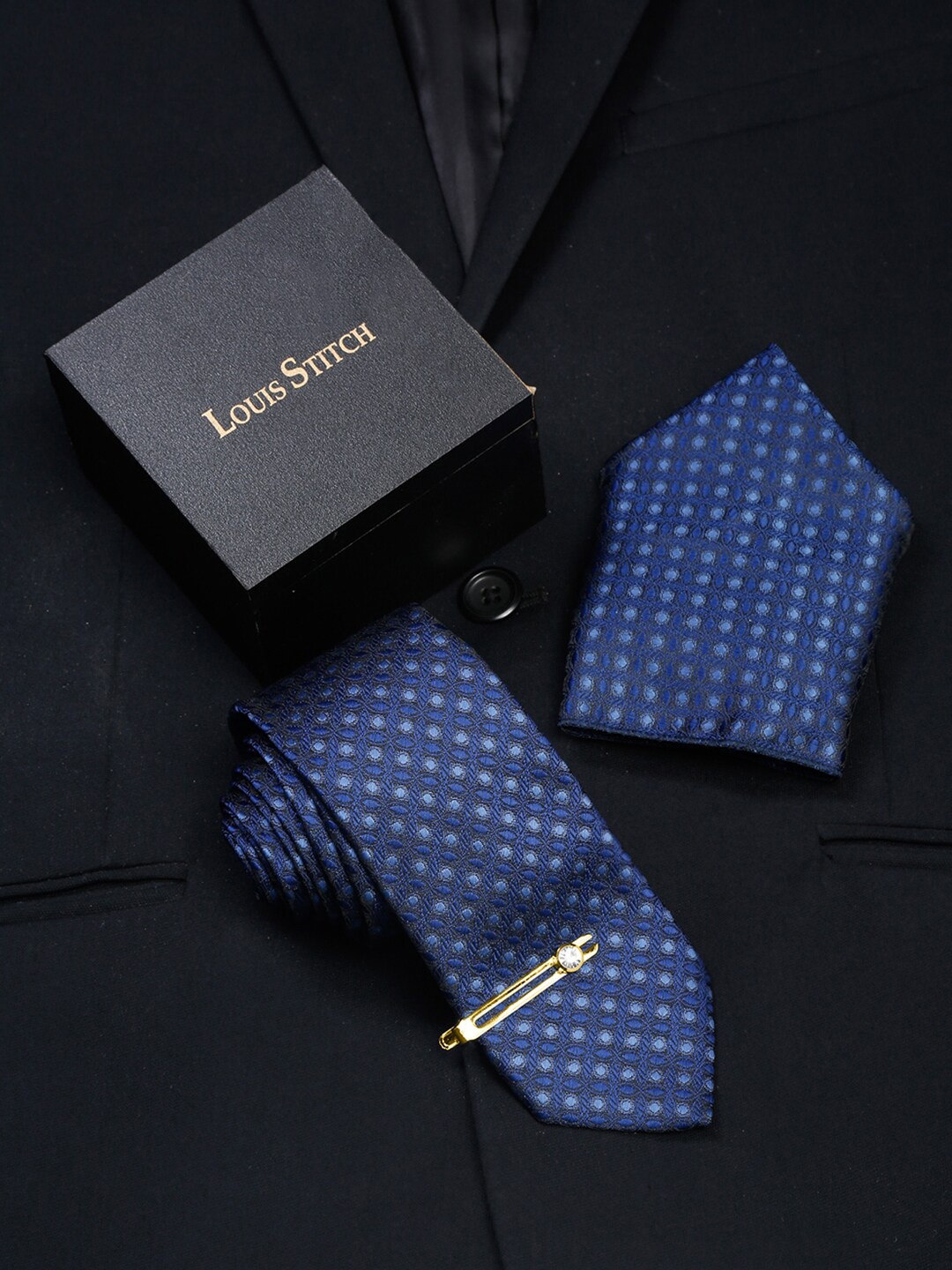 

LOUIS STITCH Men Printed Silk Necktie Accessory Gift Set, Blue