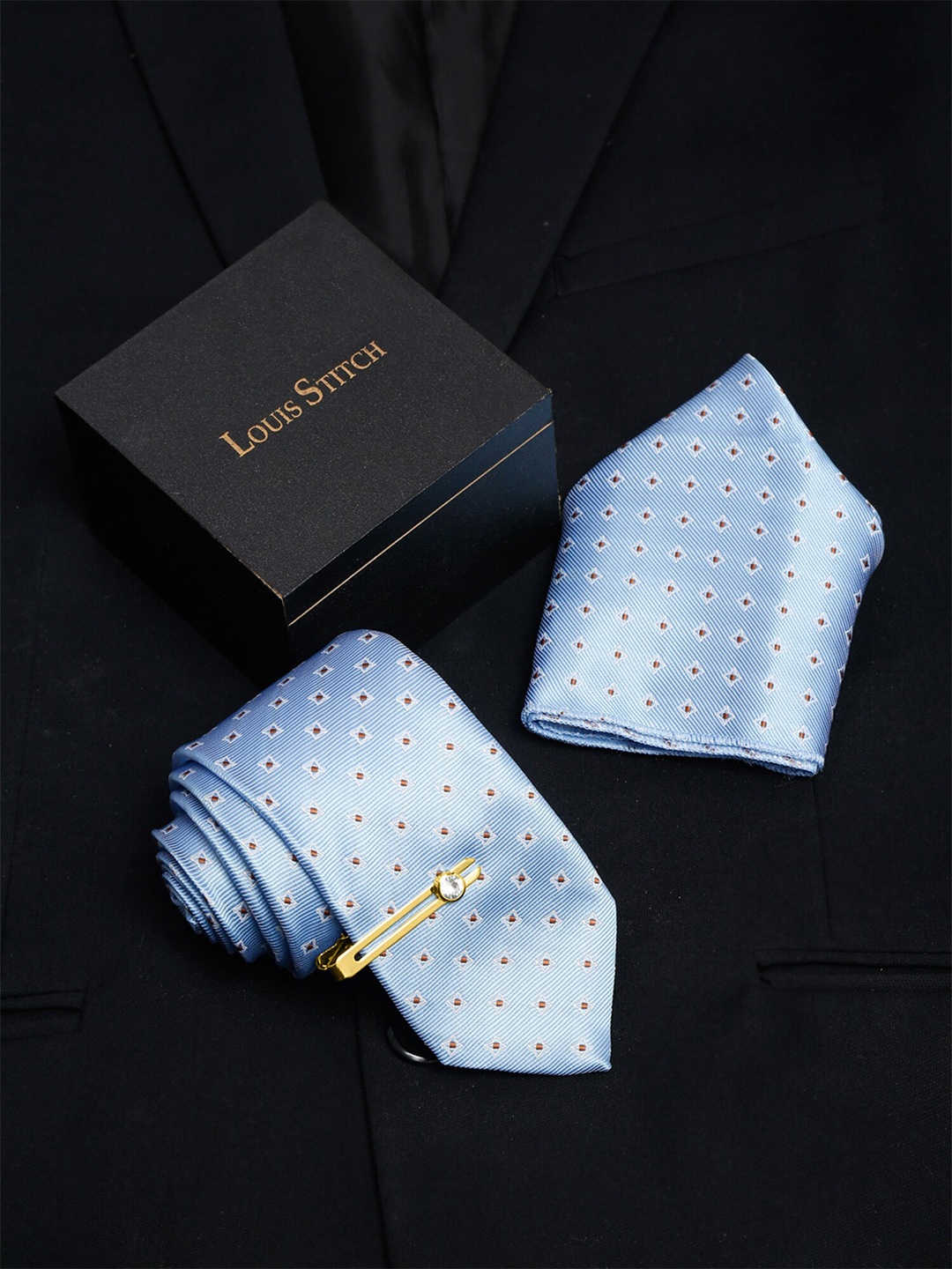 

LOUIS STITCH Men Silk Printed Necktie Accessory Gift Set, Blue
