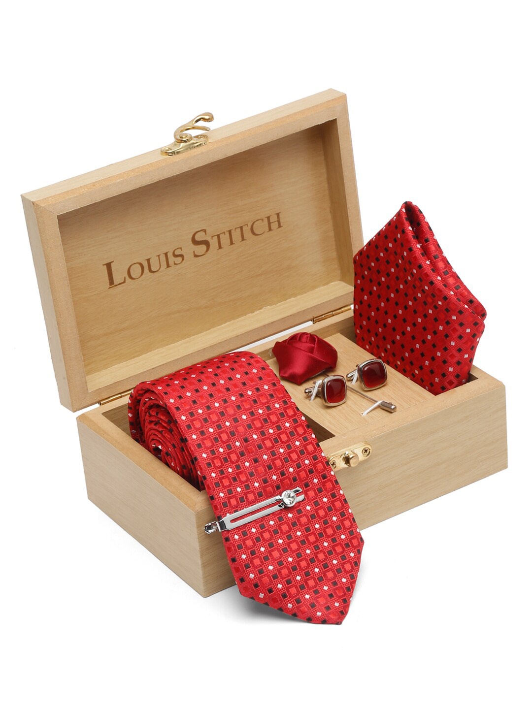 

LOUIS STITCH Printed Italian Silk Necktie Accessory Gift Set, Red