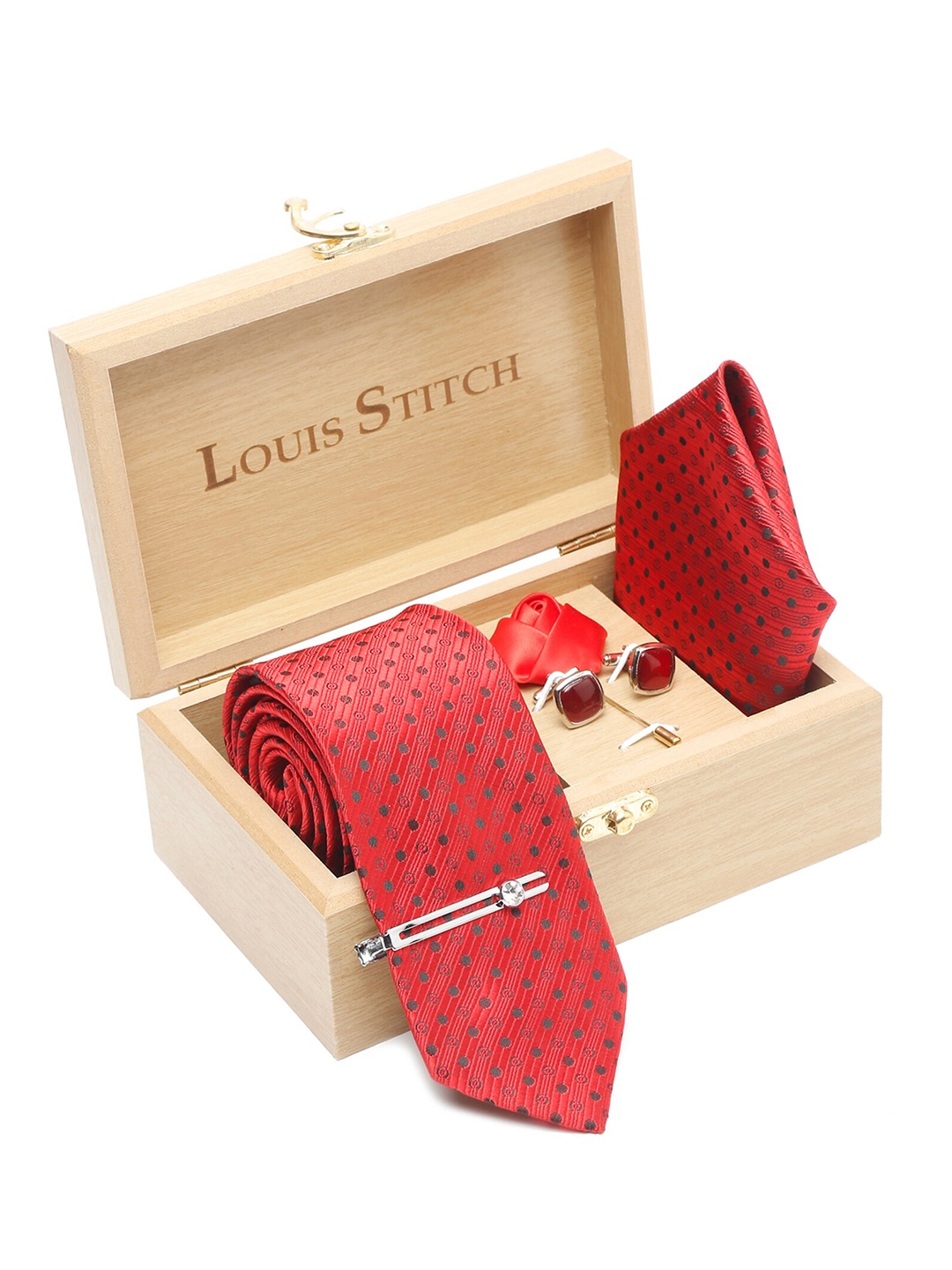 

LOUIS STITCH Men Printed Silk Accessory Gift Set, Red