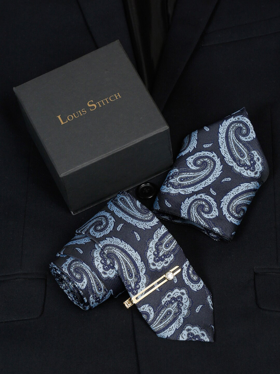 

LOUIS STITCH Men Woven Design Italian Silk Accessory Gift Set, Navy blue
