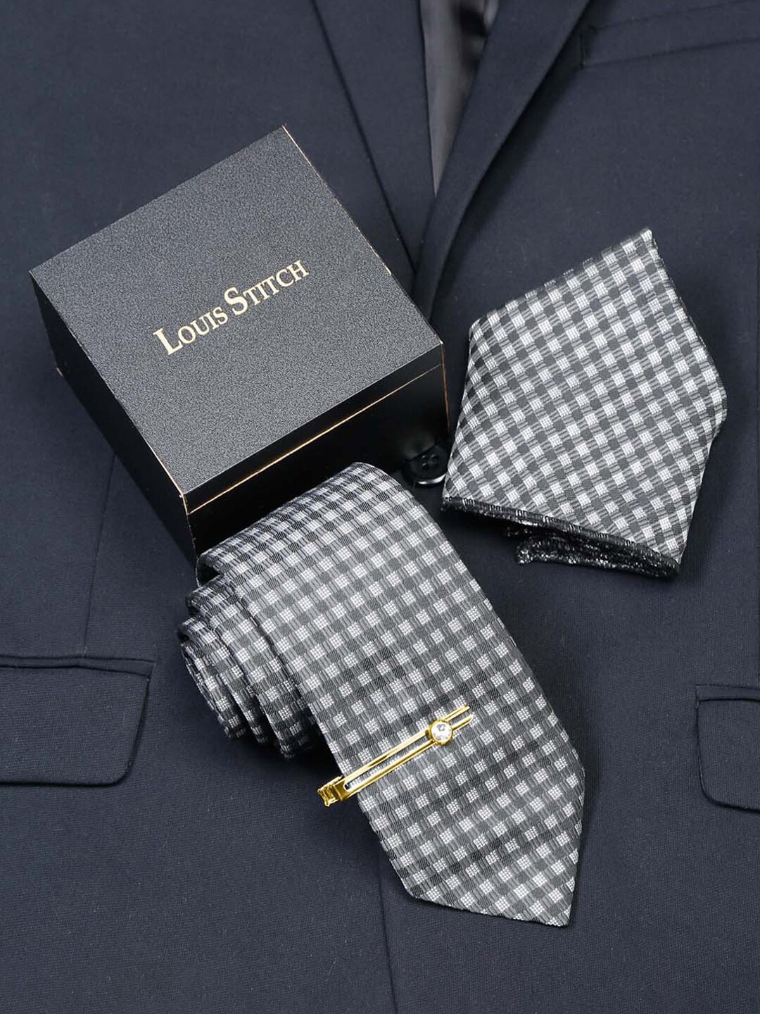 

LOUIS STITCH Men Checked Italian Silk Necktie Accessory Gift Set, Grey