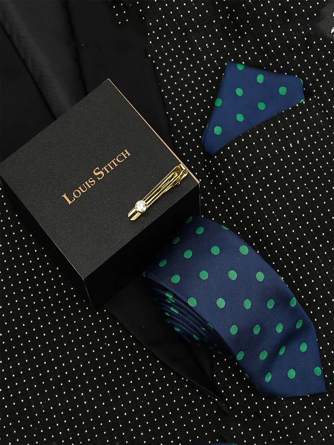 

LOUIS STITCH Men Printed Italian Silk Necktie Accessory Gift Set, Blue