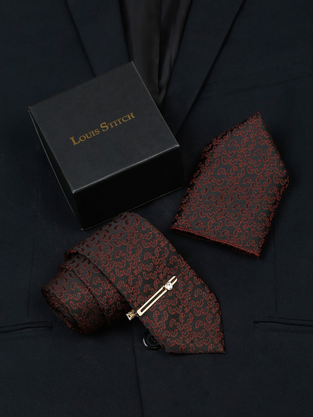 

LOUIS STITCH Men Woven Design Italian Silk Necktie Accessory Gift Set, Black