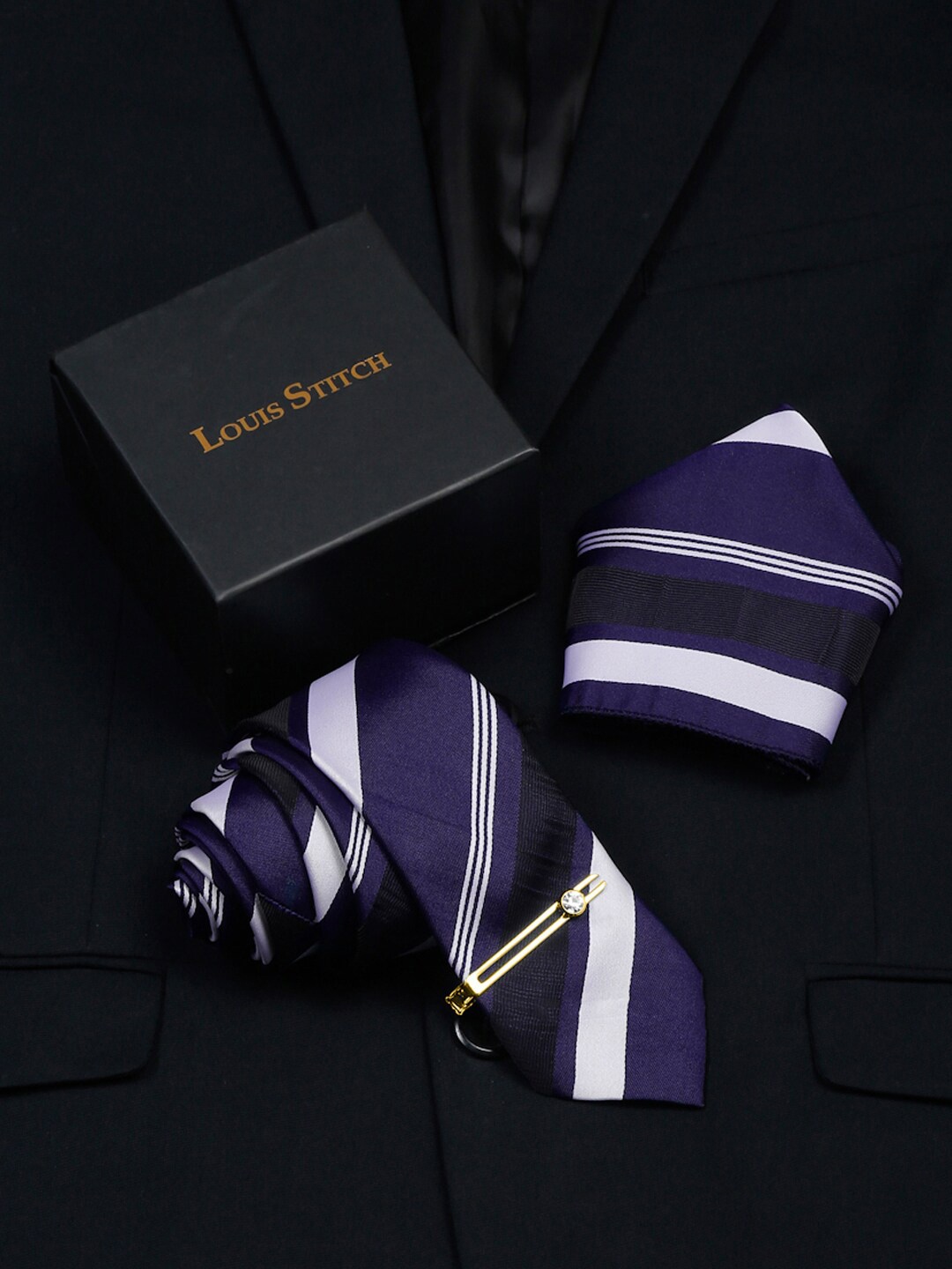 

LOUIS STITCH Men Striped Silk Necktie Accessory Gift Set, Blue