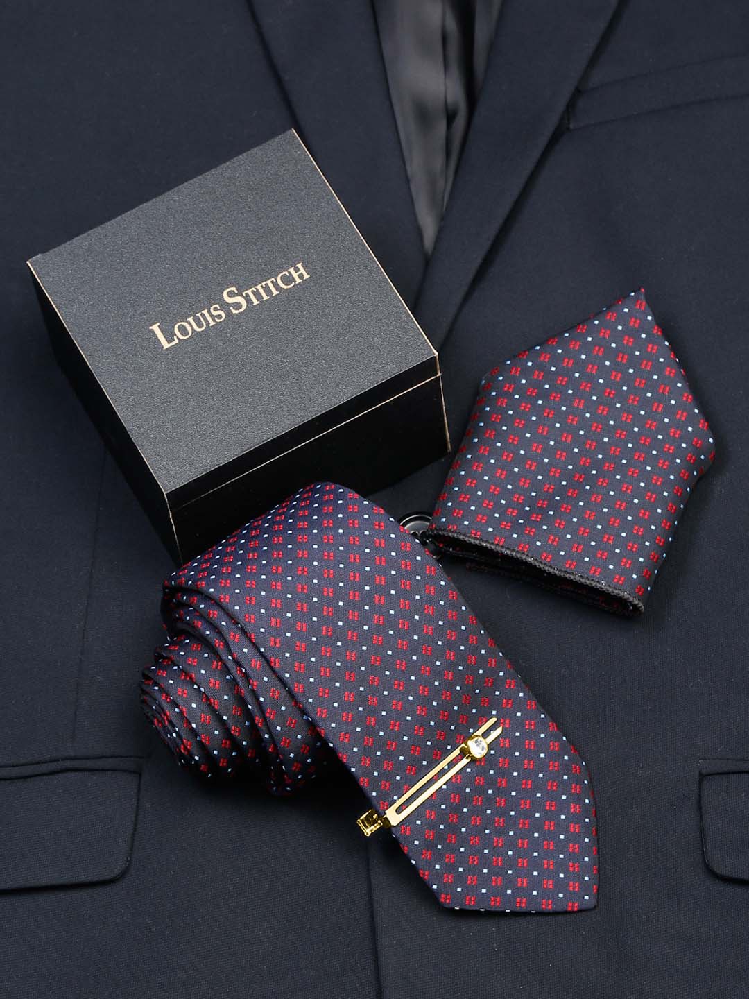 

LOUIS STITCH Men Printed Silk Necktie Accessory Gift Set, Blue