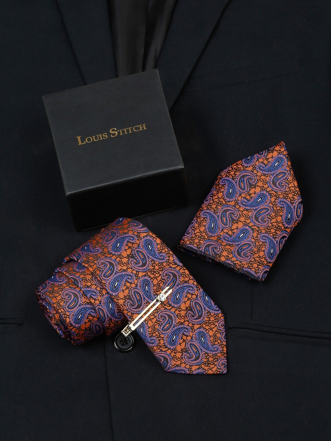 

LOUIS STITCH Men Printed Silk Necktie Accessory Gift Set, Brown