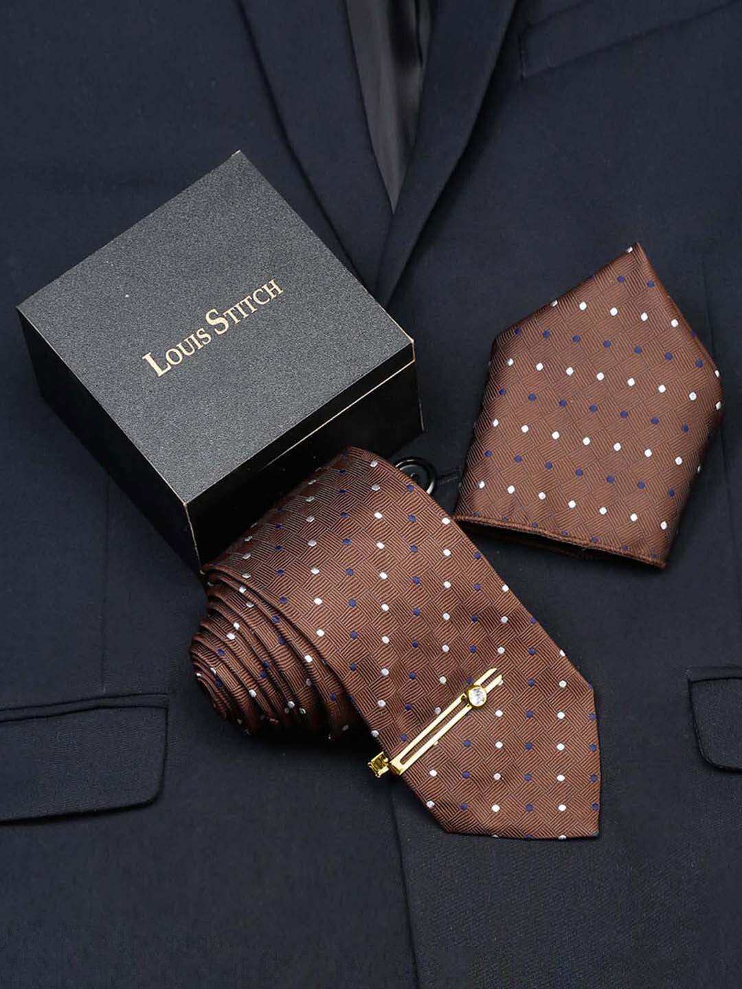 

LOUIS STITCH Men Printed Italian Silk Necktie Accessory Gift Set, Brown