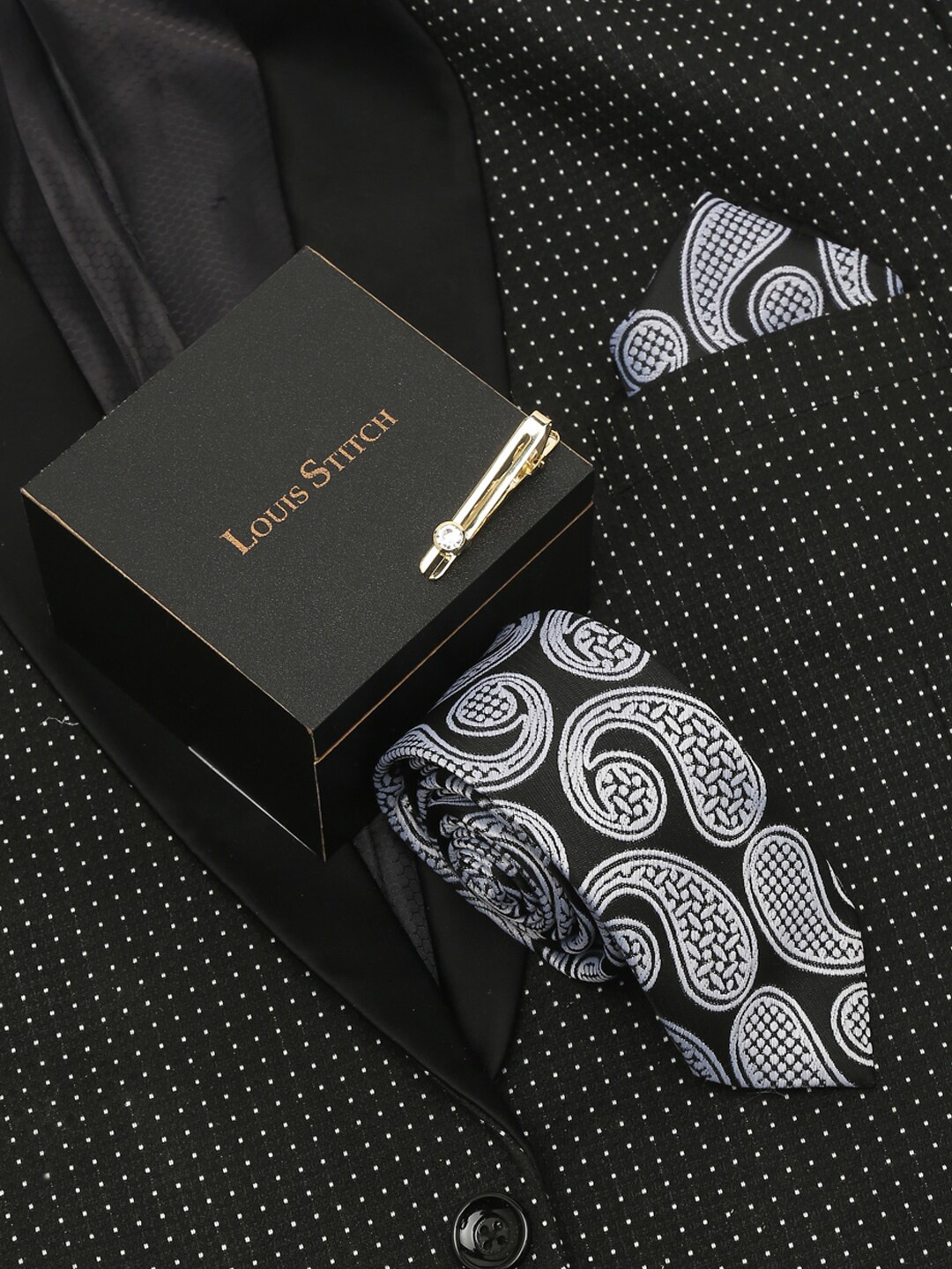 

LOUIS STITCH Printed Italian Silk Necktie Accessory Gift Set, Black