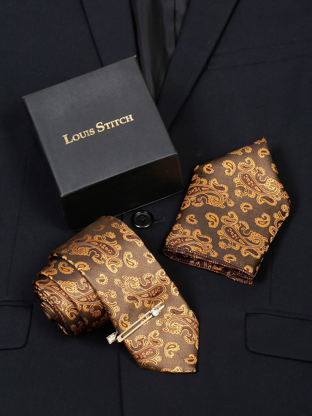 

LOUIS STITCH Men Printed Italian Silk Necktie Accessory Gift Set, Brown