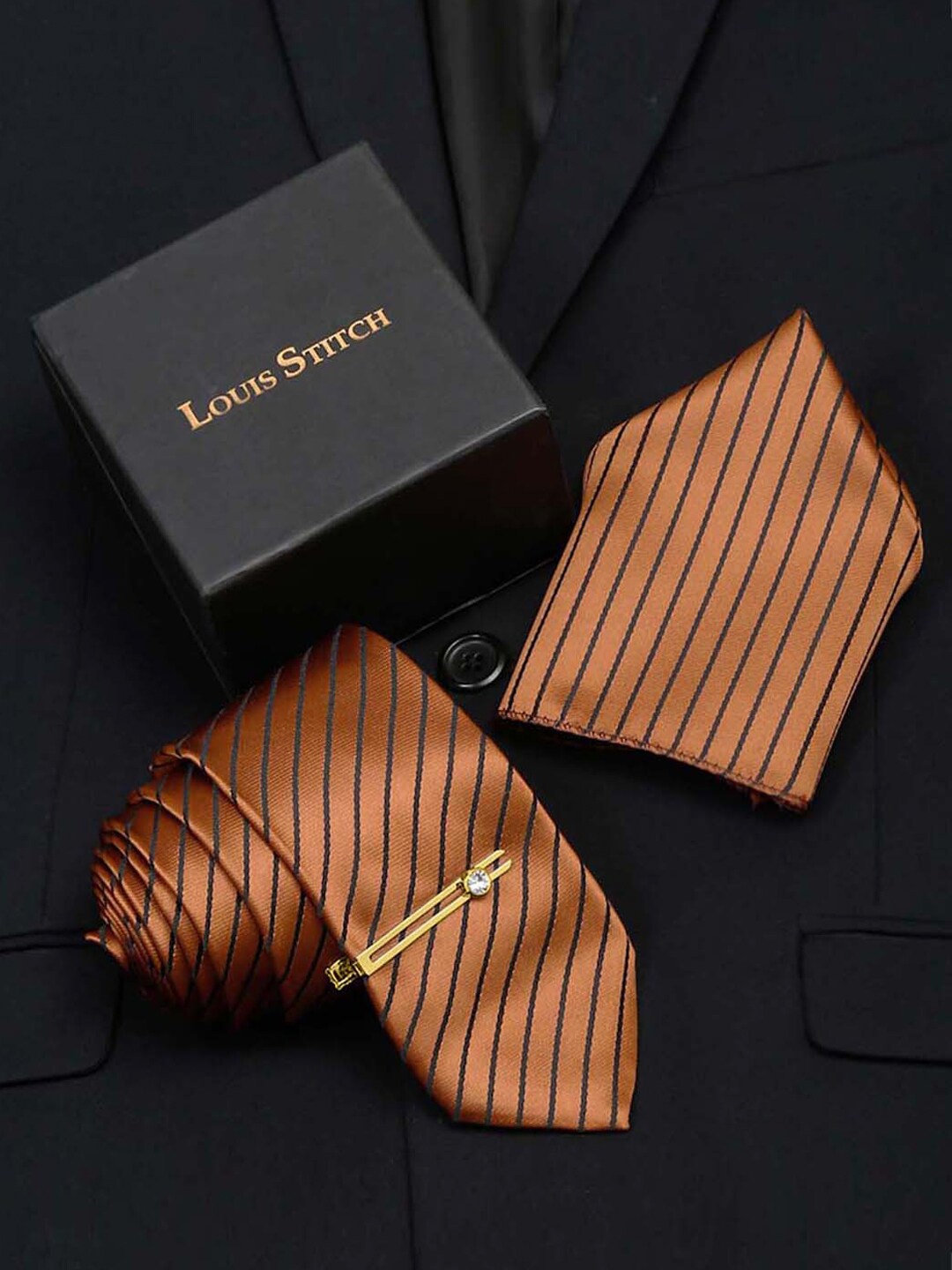 

LOUIS STITCH Men Striped Silk Necktie Accessory Gift Set, Brown