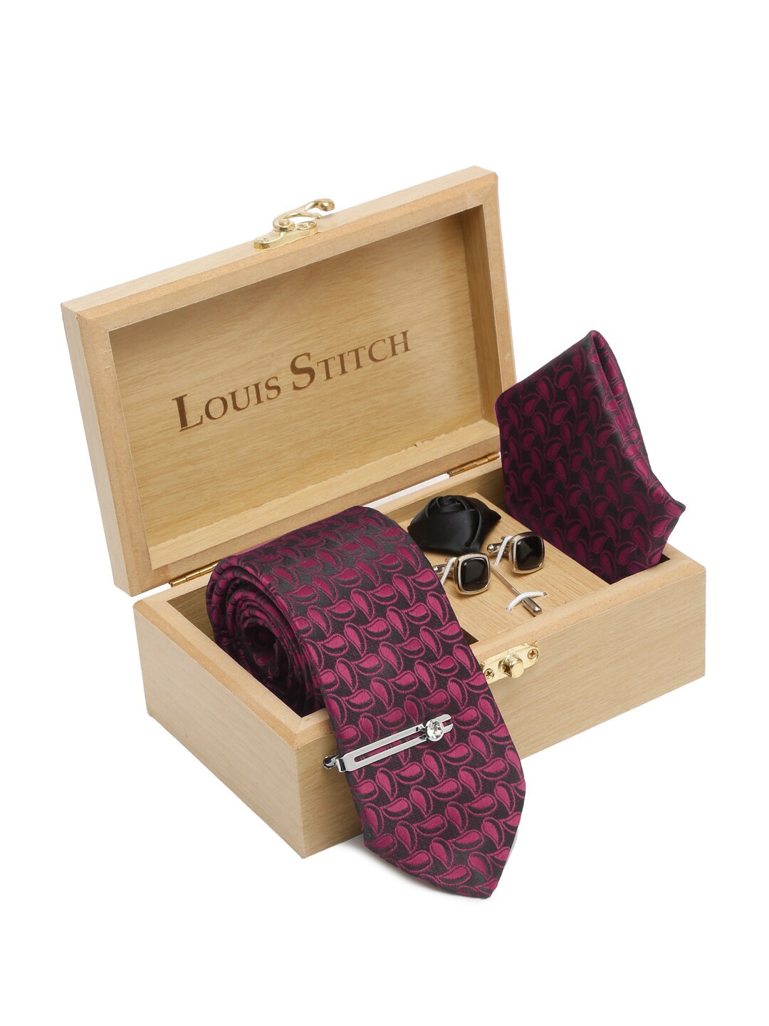 

LOUIS STITCH Men Ethnic Motifs Printed Silk Necktie Accessory Gift Set, Red