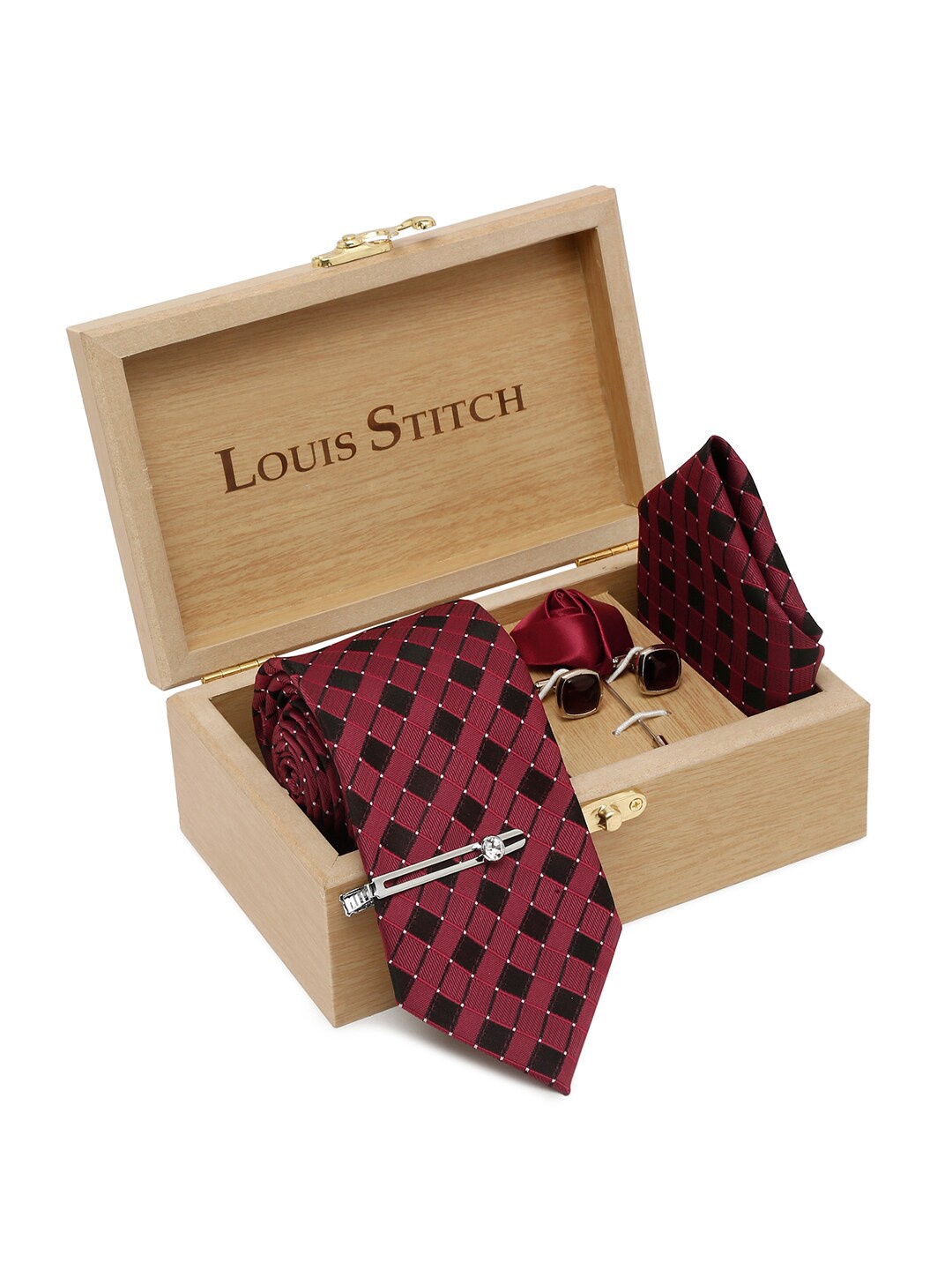 

LOUIS STITCH Men Checked Italian Silk Necktie Accessory Gift Set, Red