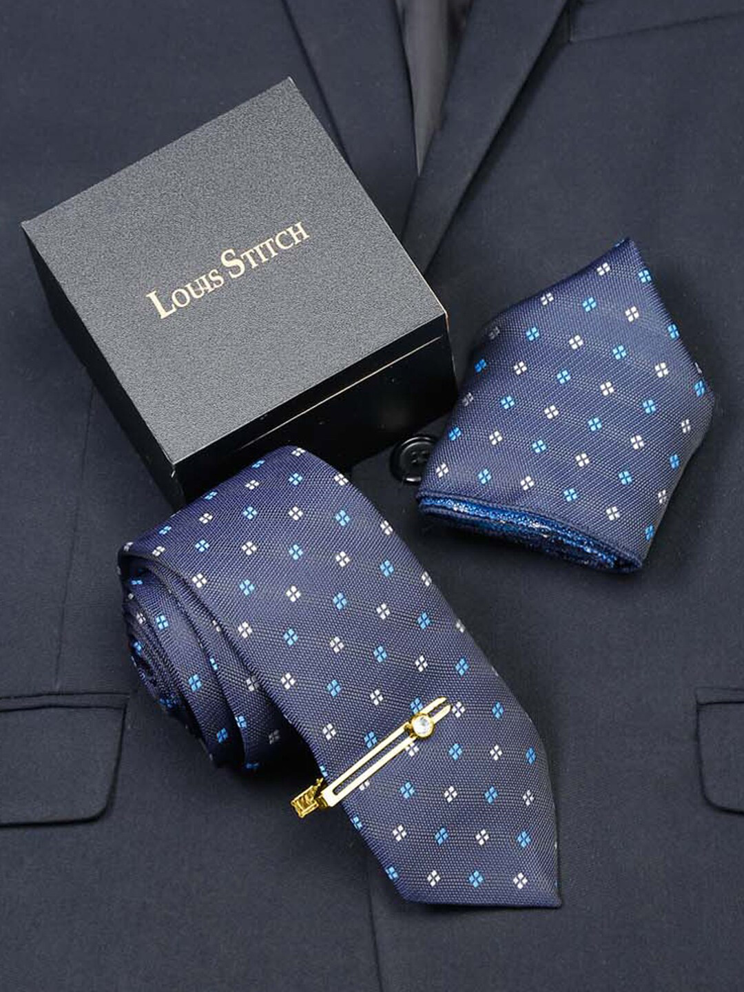 

LOUIS STITCH Men Checked Italian Silk Necktie Accessory Gift Set, Blue