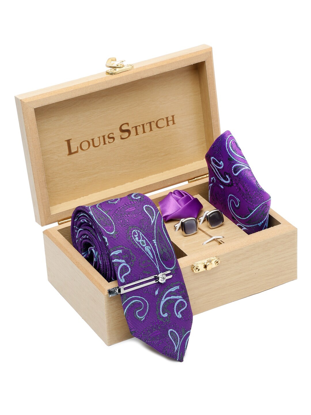 

LOUIS STITCH Men Printed Silk Necktie Accessory Gift Set, Purple