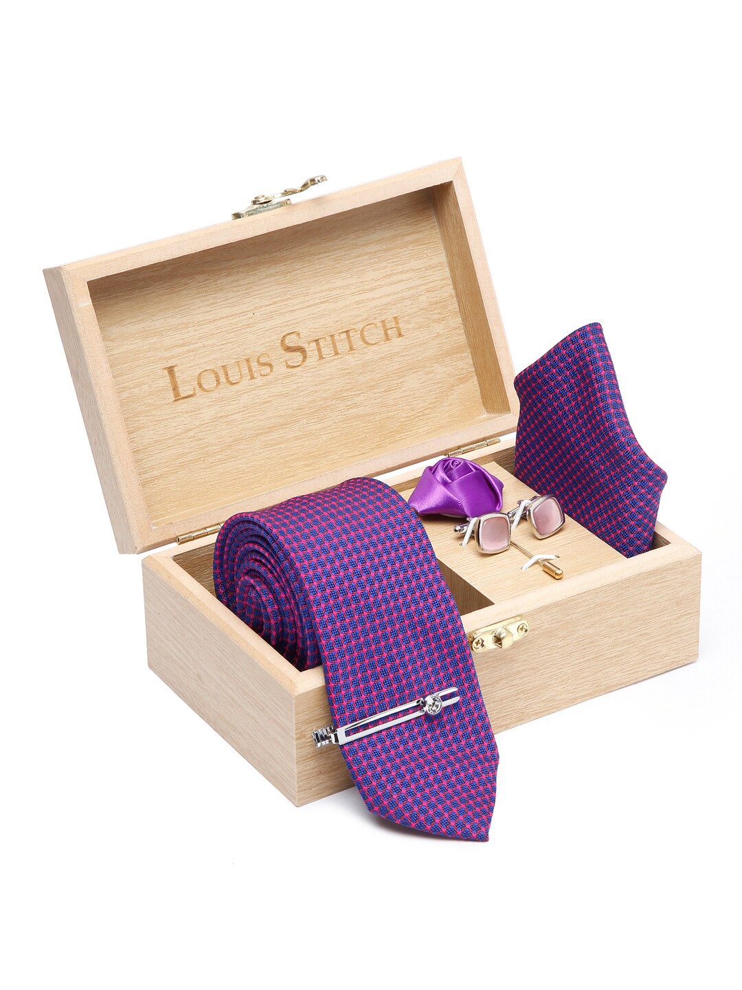 

LOUIS STITCH Printed Italian Silk Necktie Accessory Gift Set, Purple
